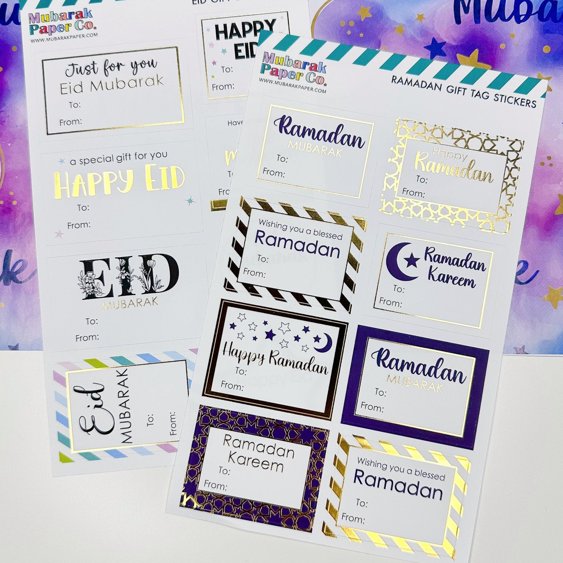 Collection of Ramadan and Eid-themed gift tags with colorful designs with god foil.