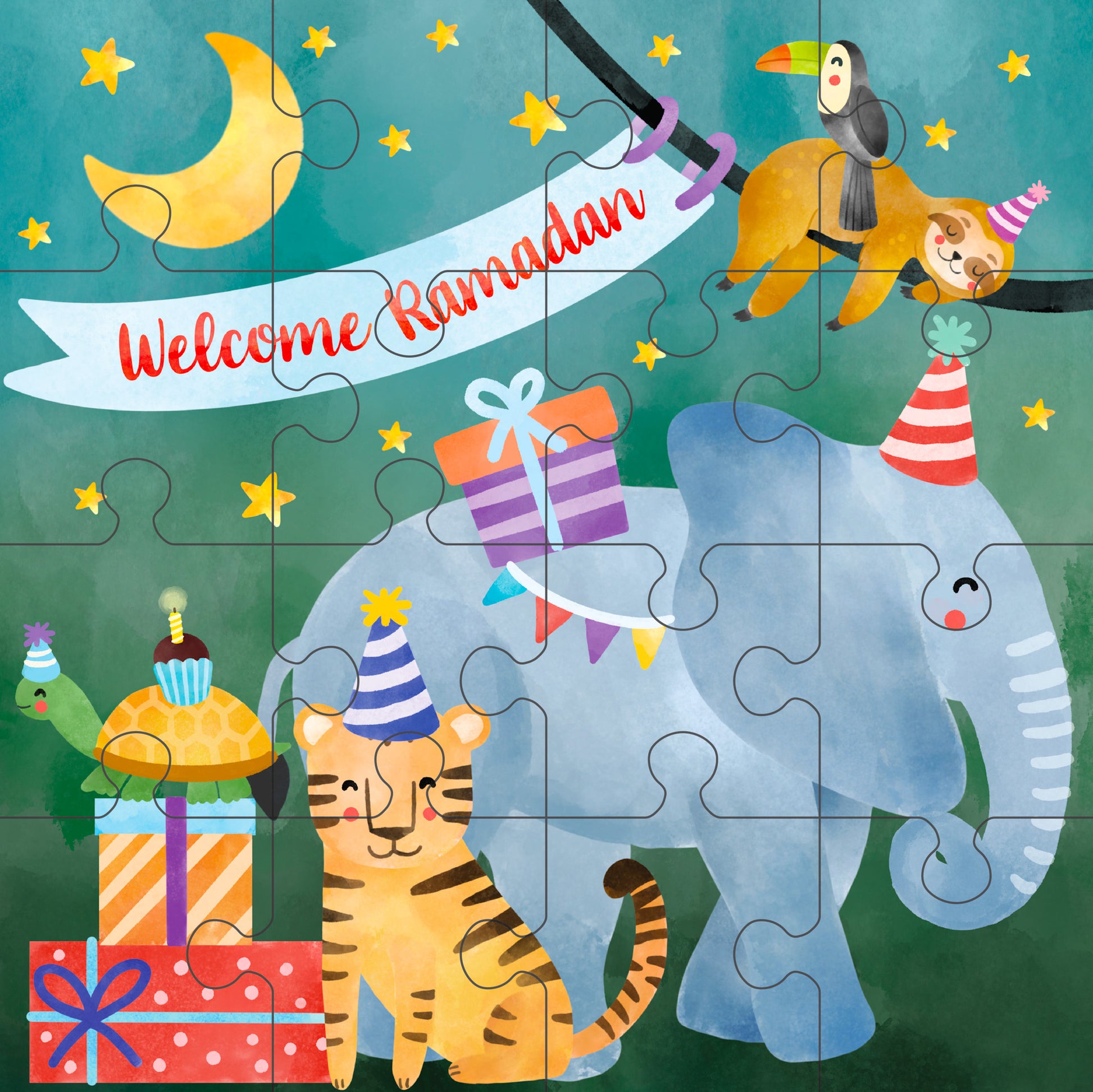 A colorful puzzle with cartoon animals and the text 'Welcome Ramadan' on it.