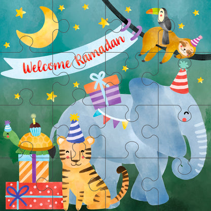 A colorful puzzle with cartoon animals and the text 'Welcome Ramadan' on it.